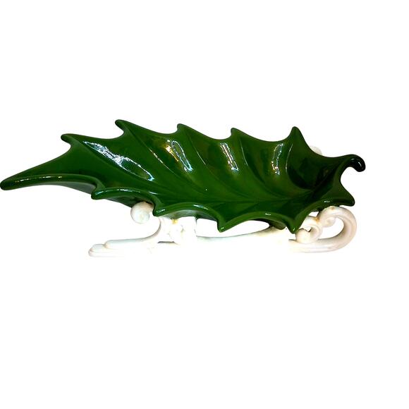 Vintage Ceramic Christmas Holly Leaf Sled Candy Dish Centerpiece - Picture 1 of 9